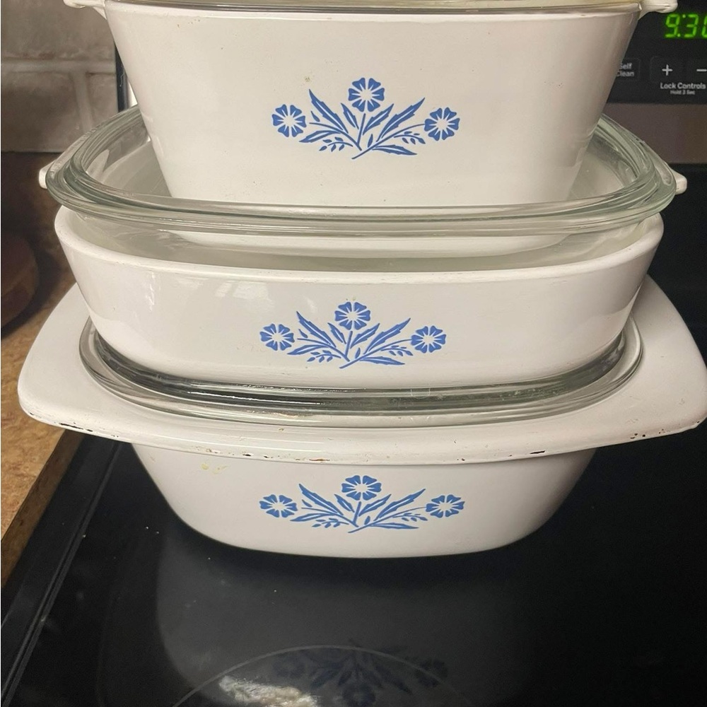 Corningware White Casserole Set with Blue Floral Pattern